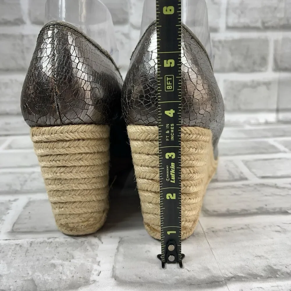 Coach Crackle Silver Women's Size 9.5/10 Metal Leather Wedge Espadrille Bow Shoe